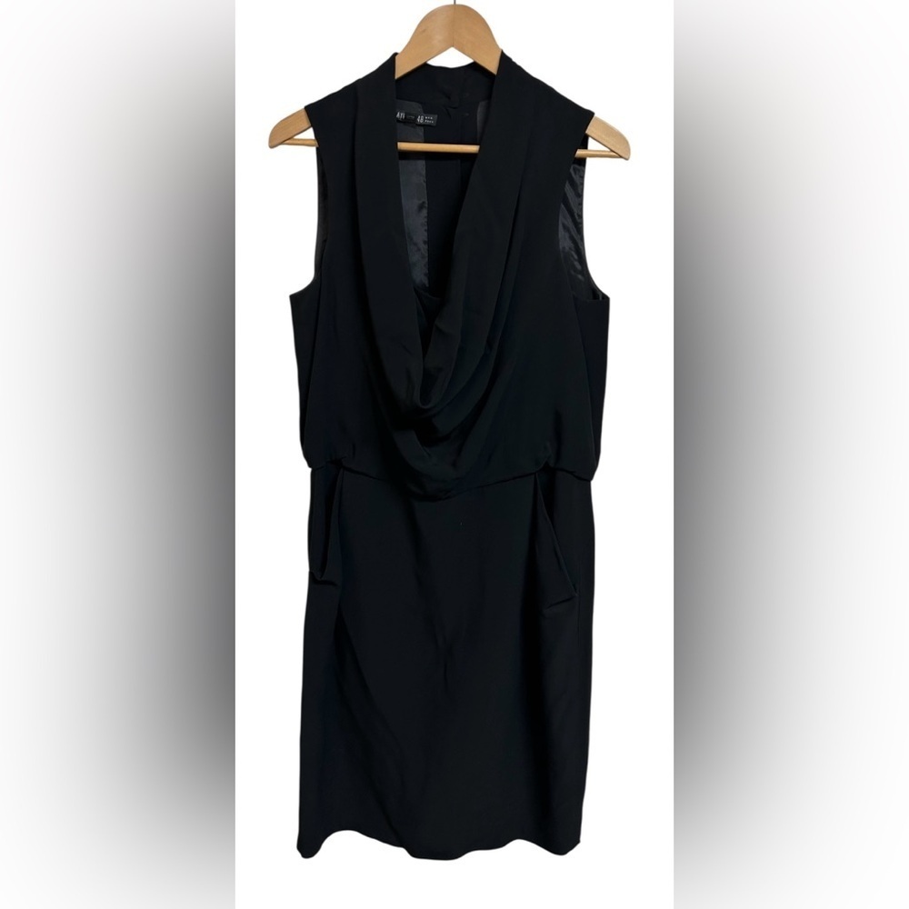 Lafayette 148 Cowl Neck in Black Crepe Button Back Blouson Sheath Dress Size 12